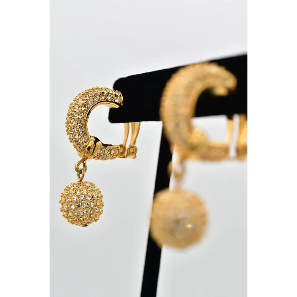 Swaovski Vintage Crystal Clip On Earrings Ball Dangle Gold Swan Signed 80s BinBJ